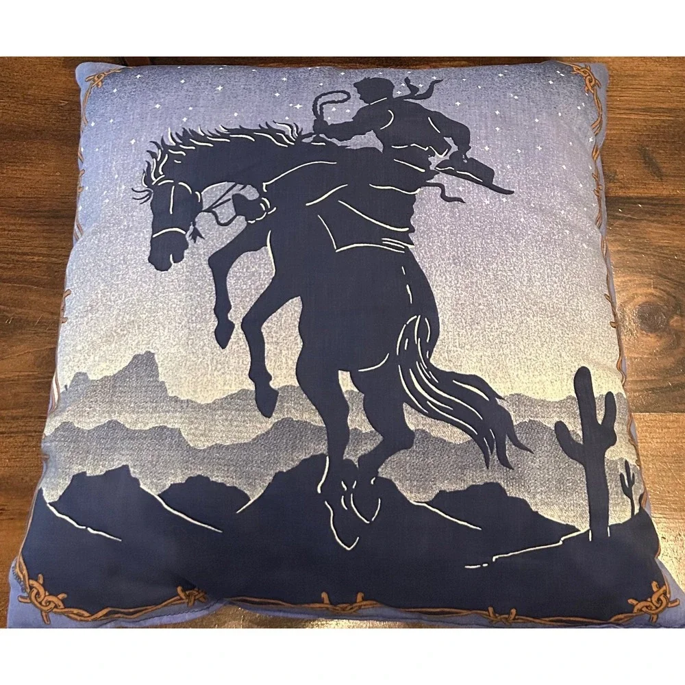 Vintage Western Cowboy Bucking Bronco Throw Pillows Blue Desert Silhouette Set‎